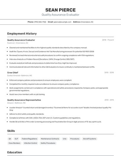 Quality Assurance Evaluator Resume