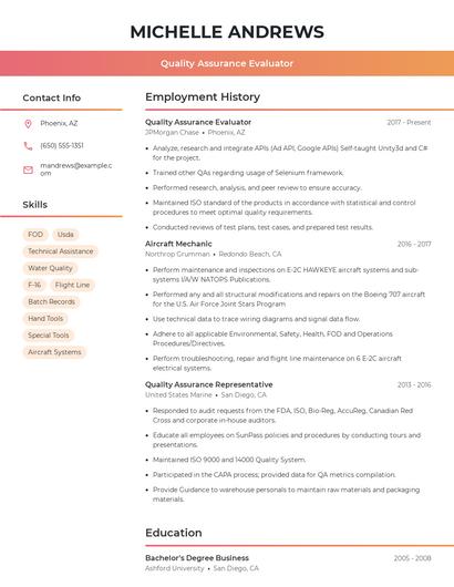 Quality Assurance Evaluator Resume