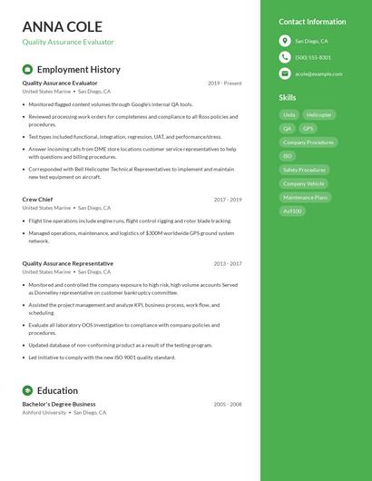 Quality Assurance Evaluator Resume