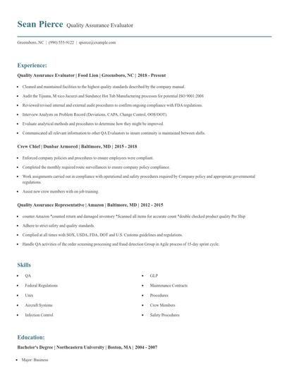 Quality Assurance Evaluator Resume