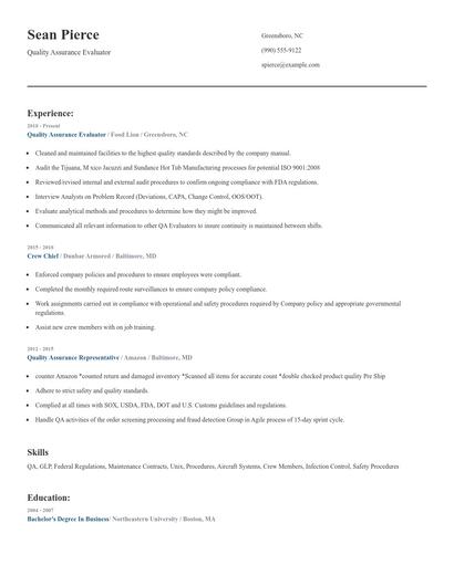 Quality Assurance Evaluator Resume