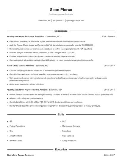 Quality Assurance Evaluator Resume