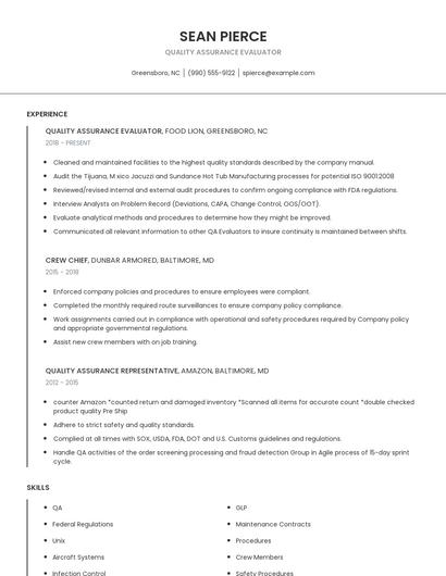 Quality Assurance Evaluator Resume