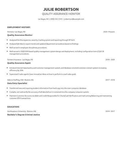 Quality Assurance Monitor Resume