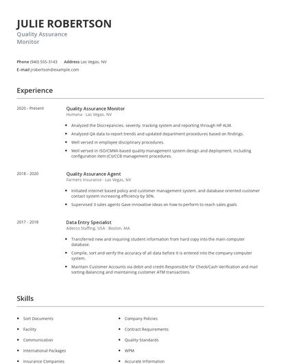 Quality Assurance Monitor Resume