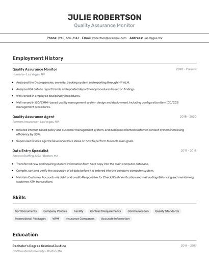 Quality Assurance Monitor Resume