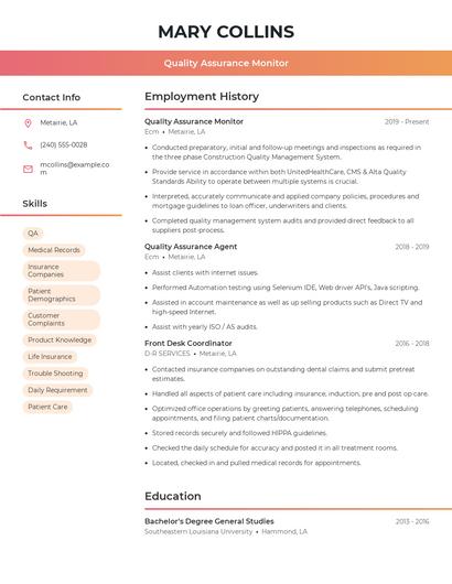 Quality Assurance Monitor Resume