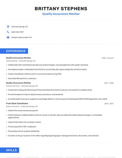 Quality Assurance Monitor Resume