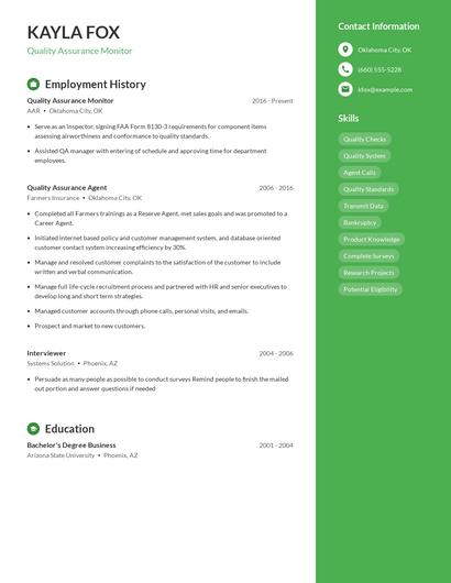 Quality Assurance Monitor Resume
