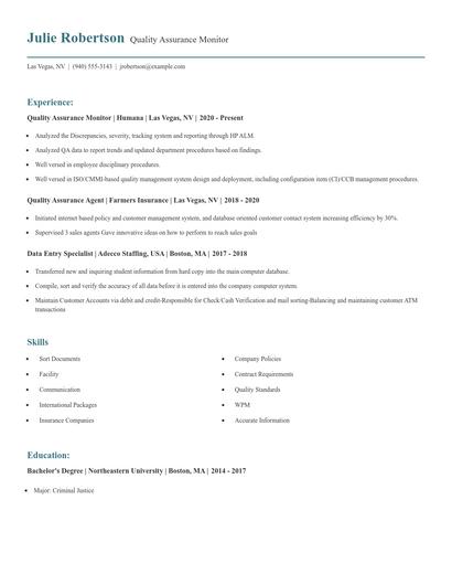 Quality Assurance Monitor Resume