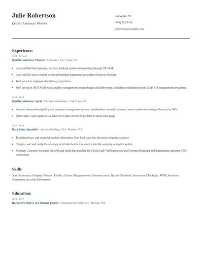 Quality Assurance Monitor Resume
