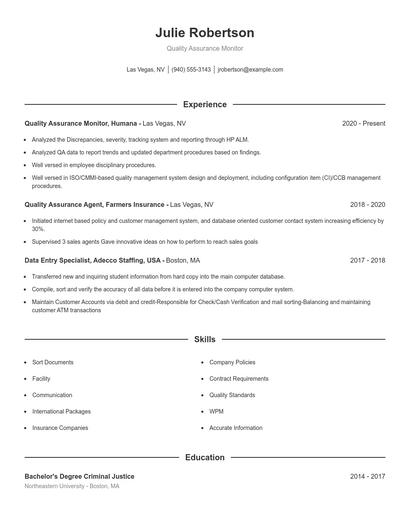 Quality Assurance Monitor Resume