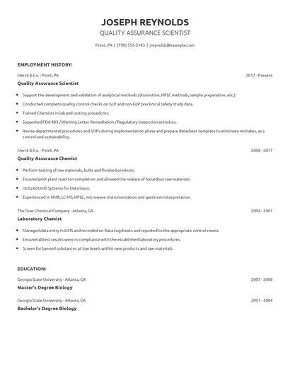 Quality Assurance Scientist Resume