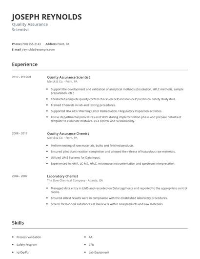 Quality Assurance Scientist Resume