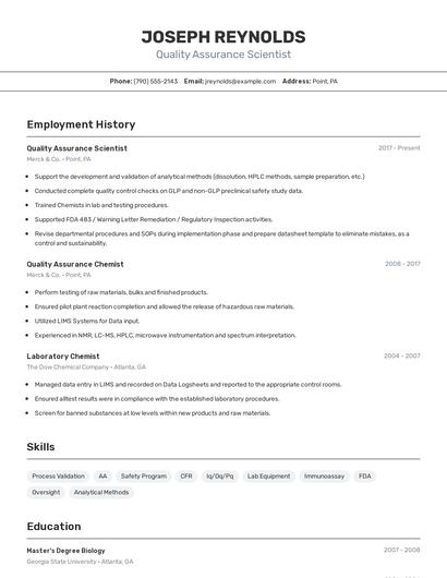 Quality Assurance Scientist Resume
