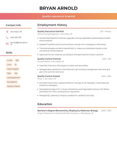 Quality Assurance Scientist Resume