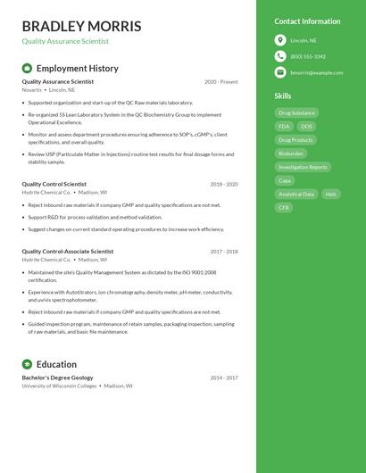 Quality Assurance Scientist Resume