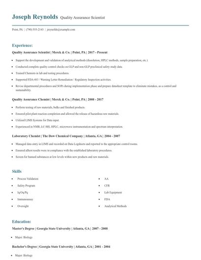 Quality Assurance Scientist Resume