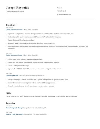 Quality Assurance Scientist Resume