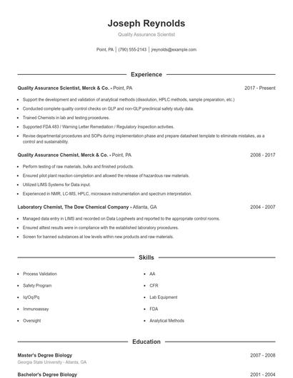 Quality Assurance Scientist Resume