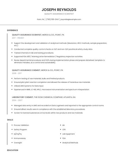 Quality Assurance Scientist Resume