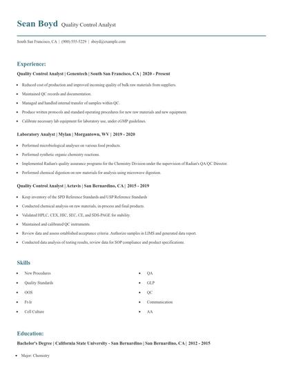 Quality Control Analyst Resume