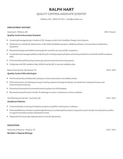 Quality Control-Associate Scientist Resume