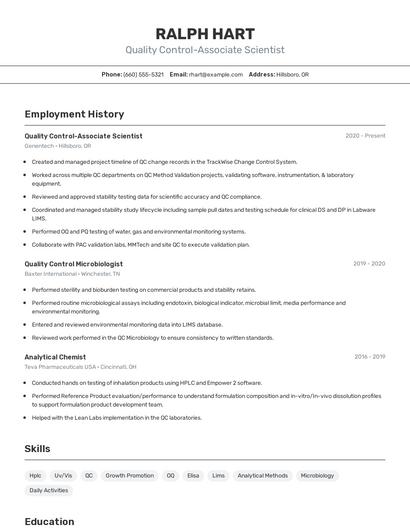 Quality Control-Associate Scientist Resume