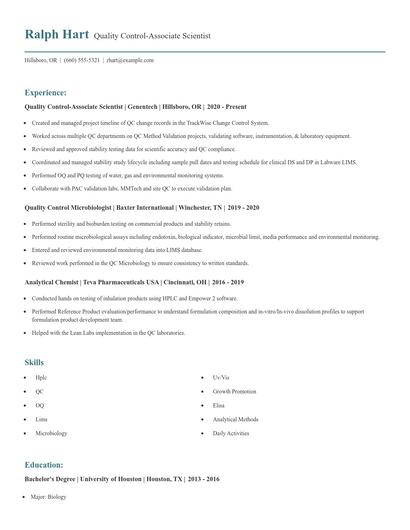Quality Control-Associate Scientist Resume