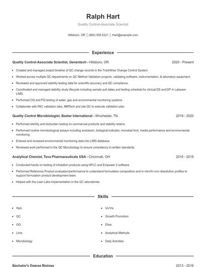 Quality Control-Associate Scientist Resume