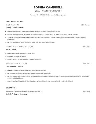 Quality Control Chemist Resume