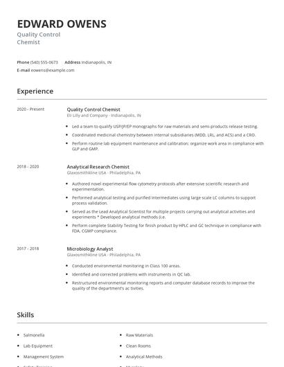 Quality Control Chemist Resume