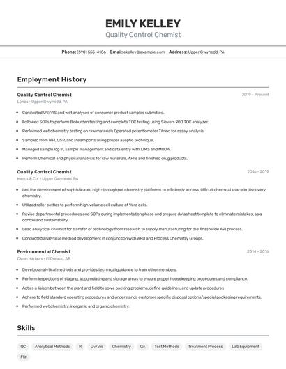 Quality Control Chemist Resume