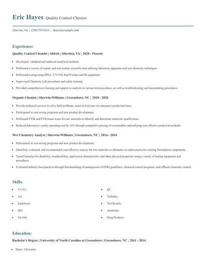 Quality Control Chemist Resume