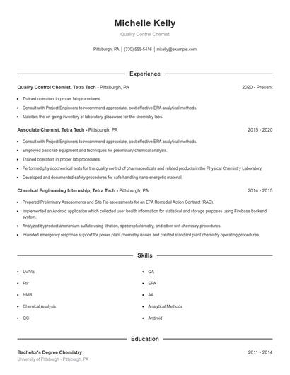 Quality Control Chemist Resume