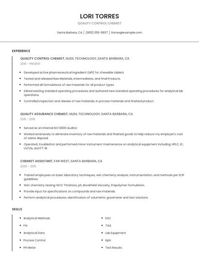 Quality Control Chemist Resume