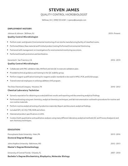 Quality Control Microbiologist Resume