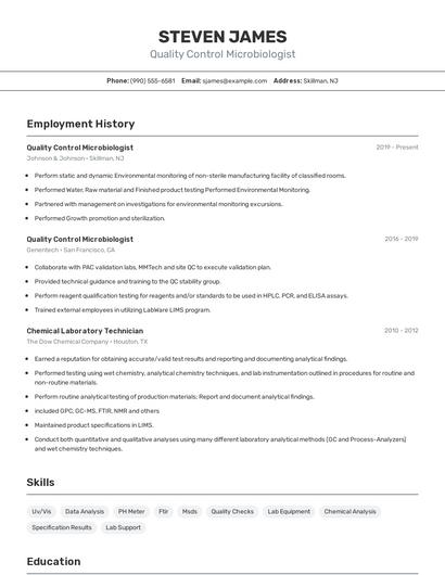 Quality Control Microbiologist Resume