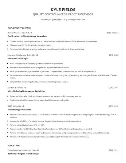 Quality Control Microbiology Supervisor Resume