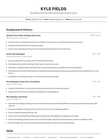 Quality Control Microbiology Supervisor Resume