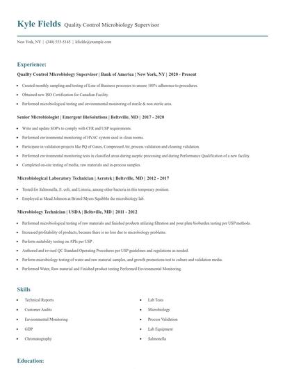 Quality Control Microbiology Supervisor Resume