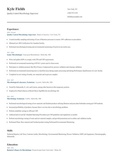Quality Control Microbiology Supervisor Resume