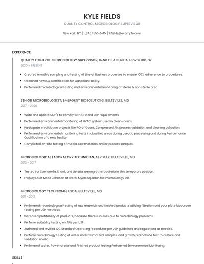 Quality Control Microbiology Supervisor Resume