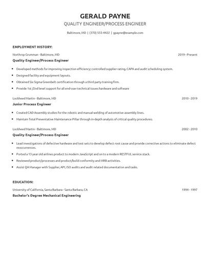 Quality Engineer/Process Engineer Resume