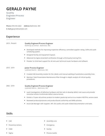Quality Engineer/Process Engineer Resume