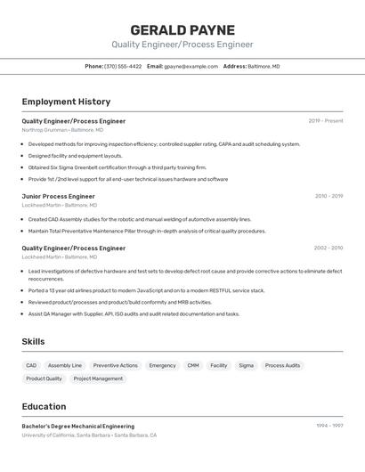 Quality Engineer/Process Engineer Resume