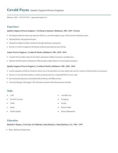 Quality Engineer/Process Engineer Resume