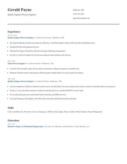 Quality Engineer/Process Engineer Resume