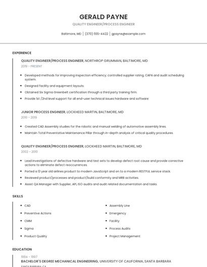 Quality Engineer/Process Engineer Resume