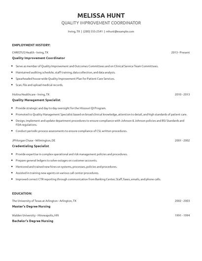 Quality Improvement Coordinator Resume